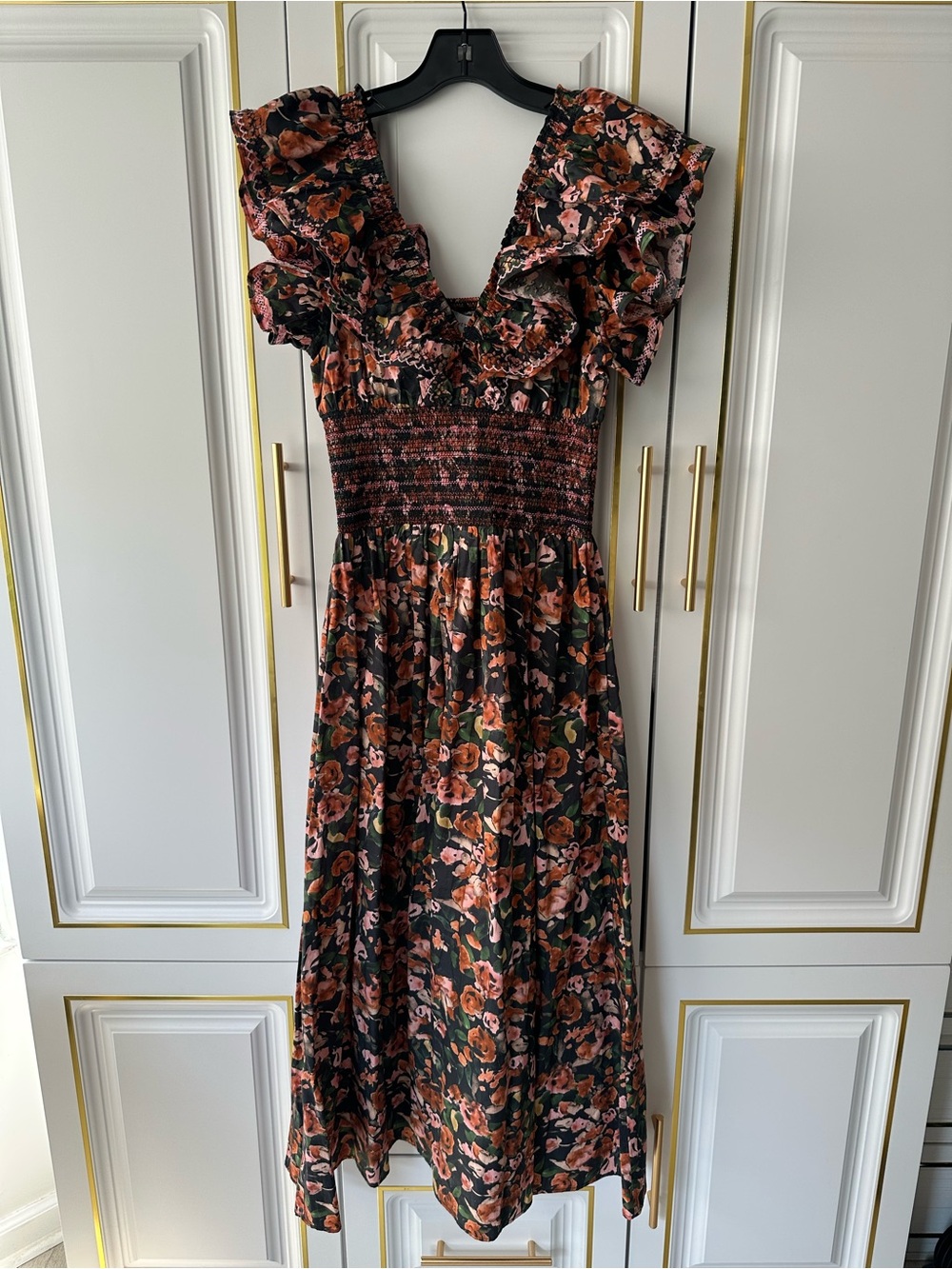 Something Navy Black Floral Ruffle Smocked Midi Dress with Pink Blossoms